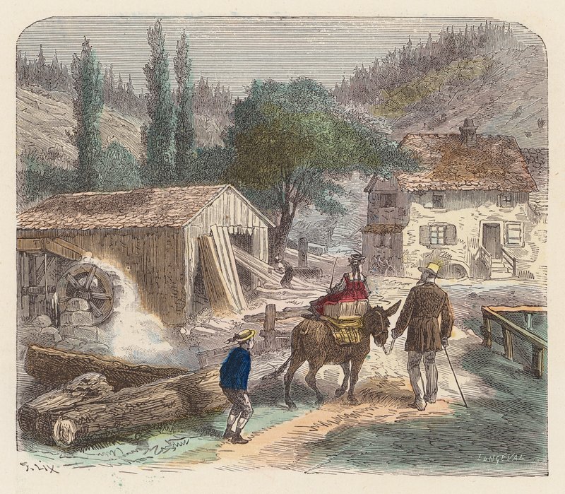 Sagbruk (farget gravering) av French School