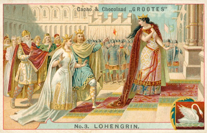 Scene fra Richard Wagners opera Lohengrin (chromolitho) av French School