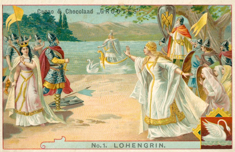 Scene fra Richard Wagners opera Lohengrin (chromolitho) av French School