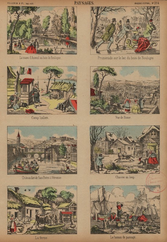 Scener og landskap (farget gravering) av French School