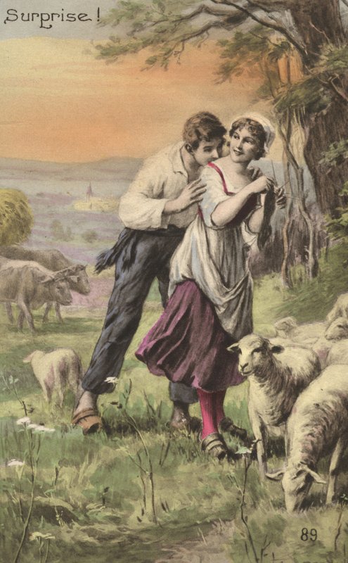 Hyrde og gjeterinne (farge litho) av French School