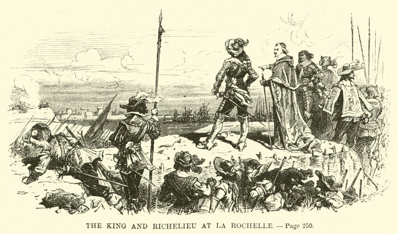 Kongen og Richelieu på La Rochelle av French School
