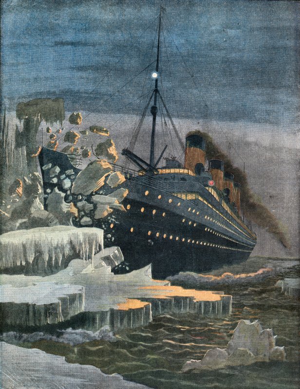 Titanic kolliderer med et isfjell. av French School