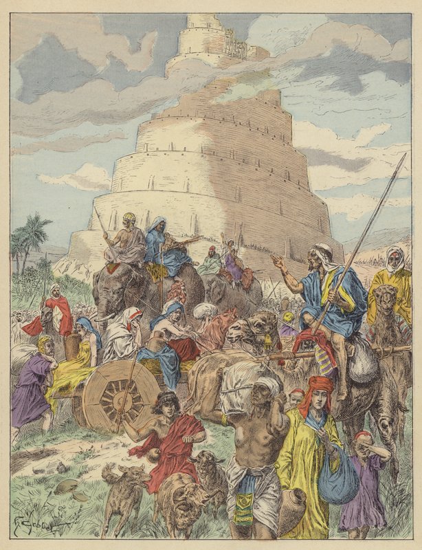 The Tower of Babel (farge litho) av French School