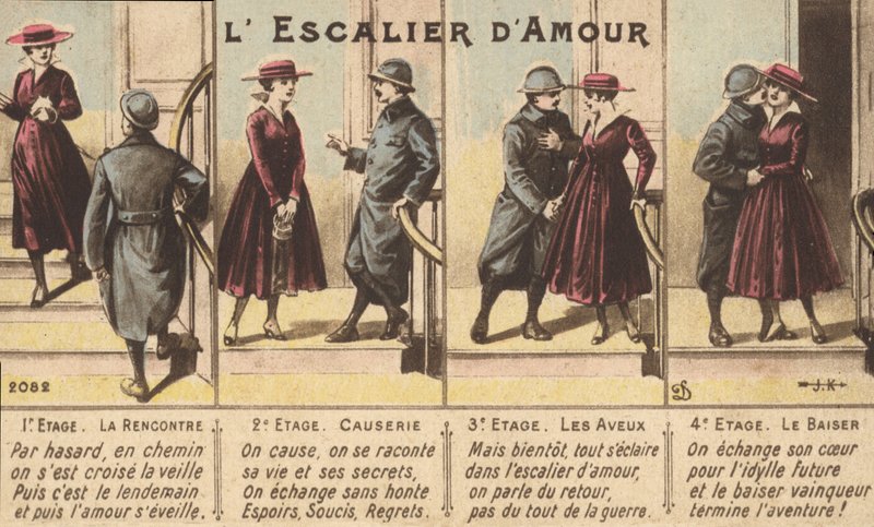 Kjærlighetens utvikling (farge litho) av French School