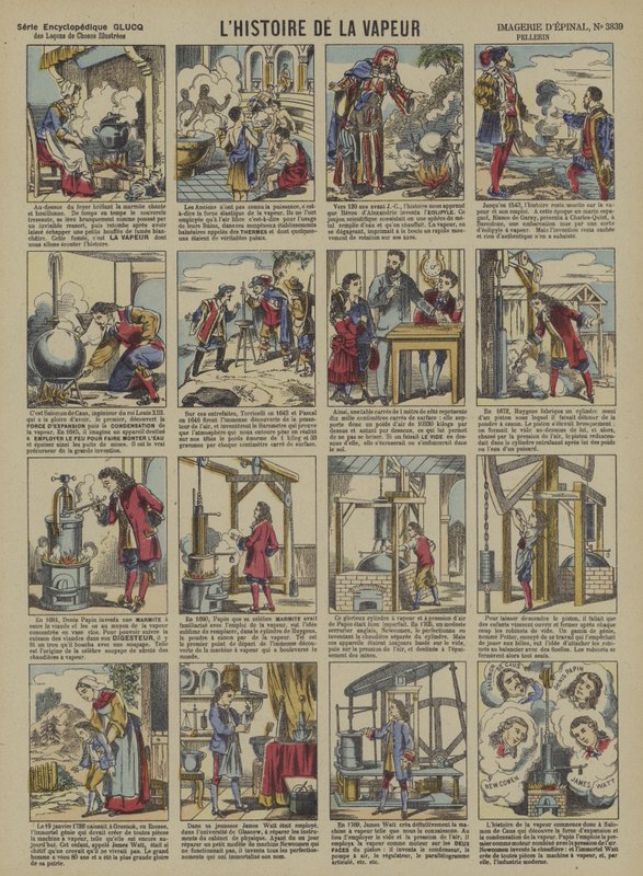Historien om damp (farge litho) av French School