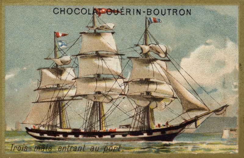 Tre-mastet seilskip anløper havn (chromolitho) av French School