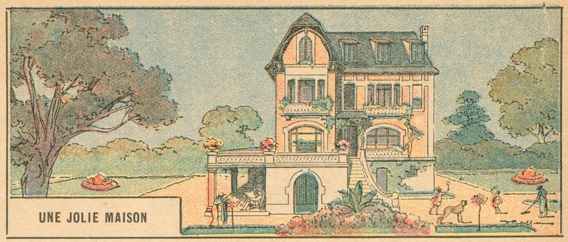 Et vakkert hus (farge litho) av French School