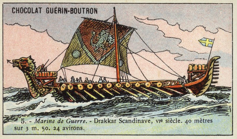 Viking langskip, 6. århundre (chromolitho) av French School