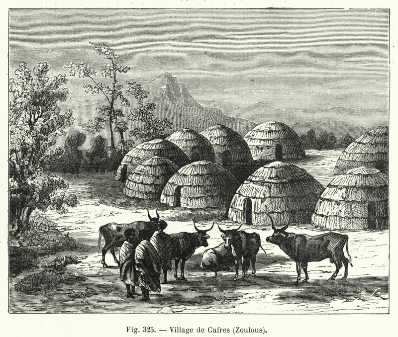 Village of Cafres, Zulus (gravering) av French School