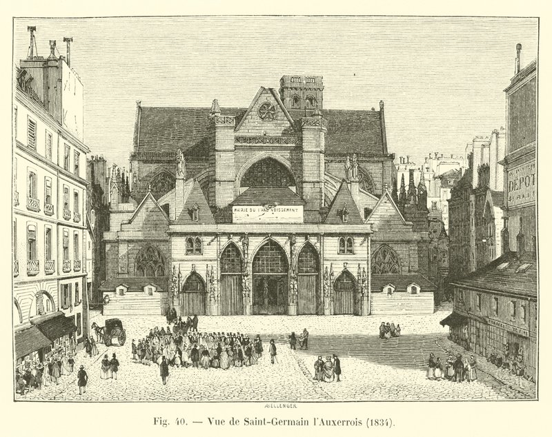 Utsikt over Saint-Germain lAuxerrois, 1834 av French School