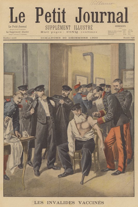 Krigsveteraner som får koppevaksinasjoner (farge litho) av French School