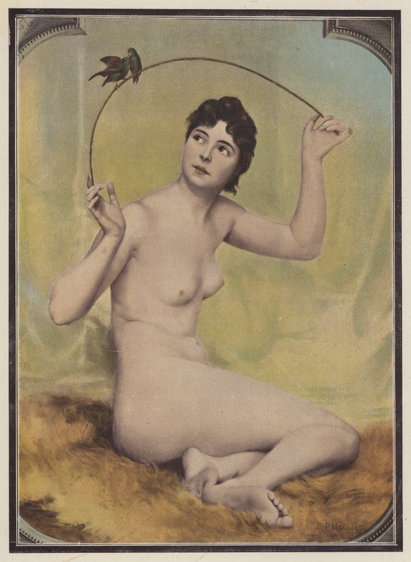 Ung naken kvinne med fugler (farge litho) av French School