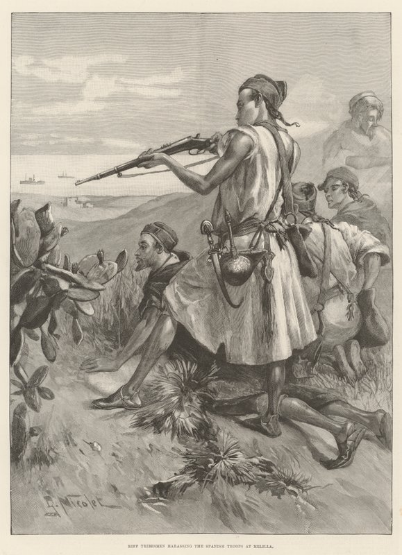 Riff Tribesmen trakasserer de spanske troppene ved Melilla av Gabriel Nicolet