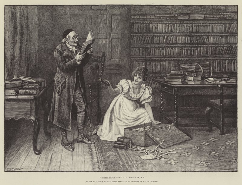 Bibliomania, i utstillingen til Royal Institute of Painters in Water Colors av George Goodwin Kilburne