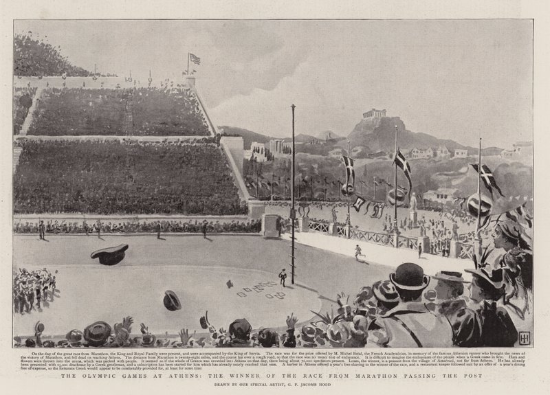 De olympiske leker i Athen, vinneren av løpet fra Marathon passerte Posten av George Percy Jacomb Hood
