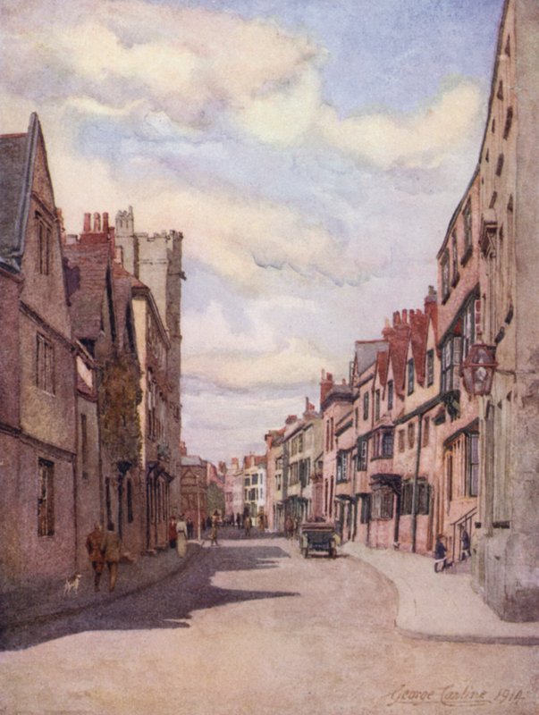 Oxford: Holywell Street (farge litho) av George Carline
