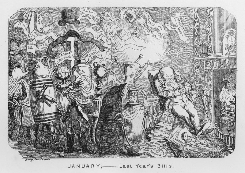 Januar, fjorårets regninger (gravering) av George Cruikshank