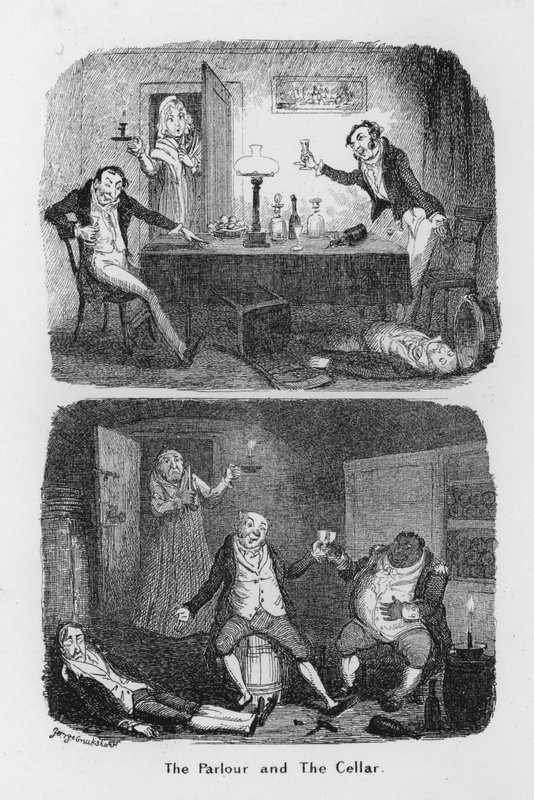 Salongen og kjelleren (gravering) av George Cruikshank