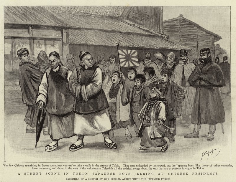 En gatescene i Tokio, japanske gutter Jerring hos kinesiske innbyggere av Georges Ferdinand Bigot
