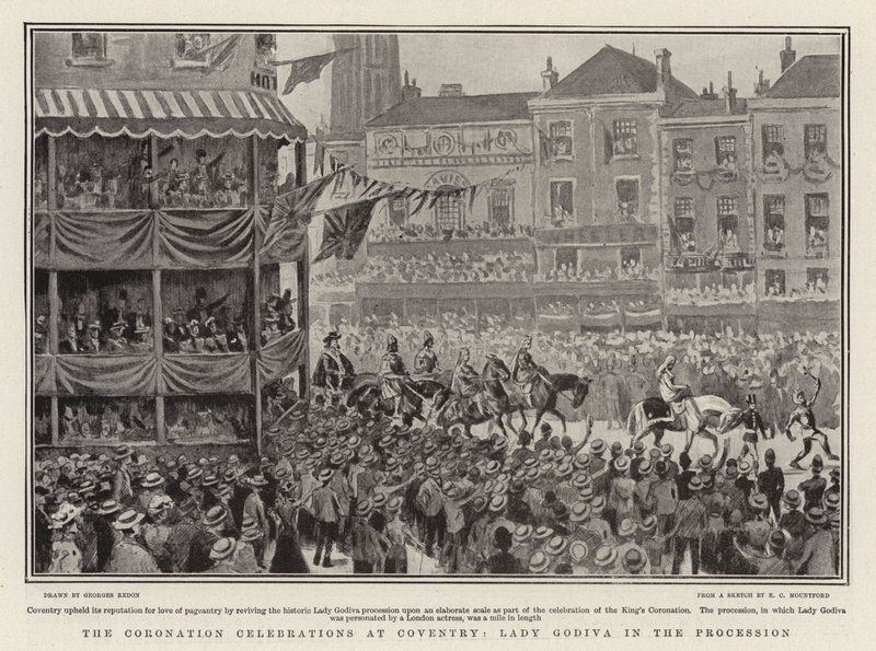 Kroningsfeiringen i Coventry, Lady Godiva i prosesjonen litho av Georges Redon