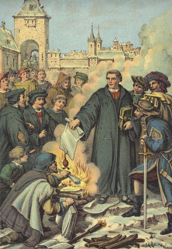 Luther setter fyr på de pavelige oksene, Wittenberg, 10. desember 1520 av German School
