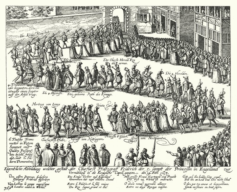 Bryllupsprosesjon av Frederick V, kurfyrst Palatine og Elizabeth Stuart, datter av kong James I av England, London, 1613 av German School