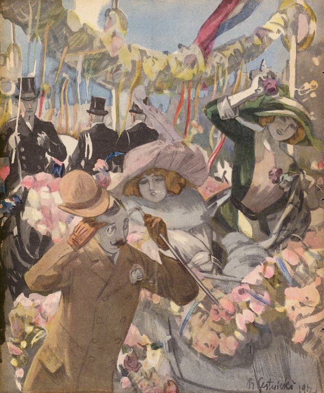 En duftende bukett (farge litho) av German School
