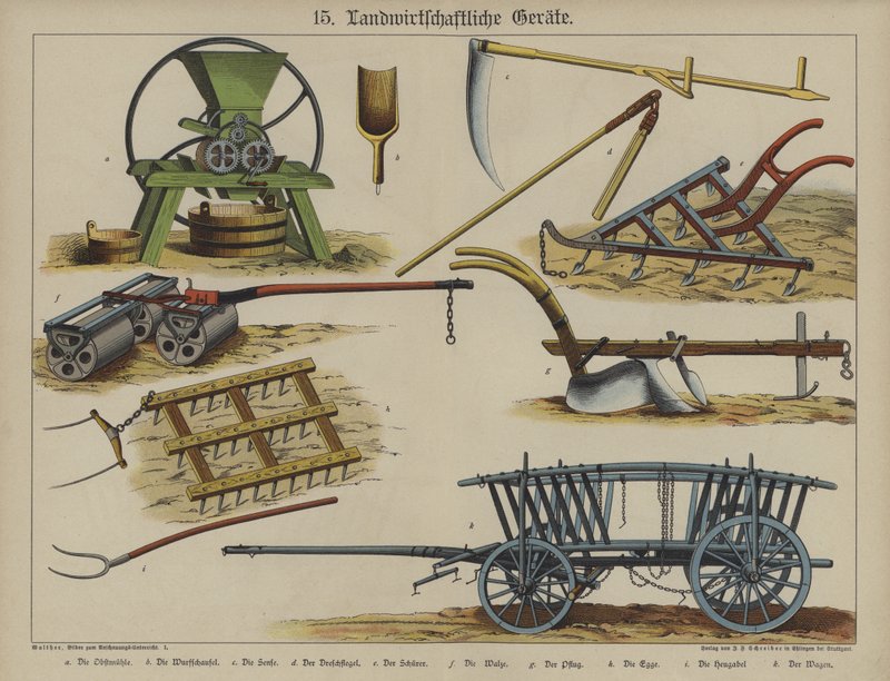 Landbruksutstyr (farge litho) av German School