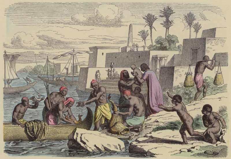 Gamle egyptiske fiskere (farget gravering) av German School