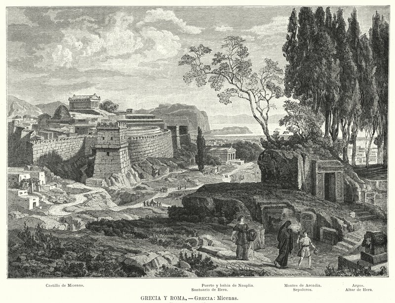 Den antikke greske byen Mykene (litho) av German School
