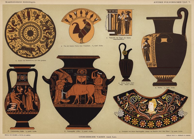 Antikke greske polykrome vaser (farge litho) av German School