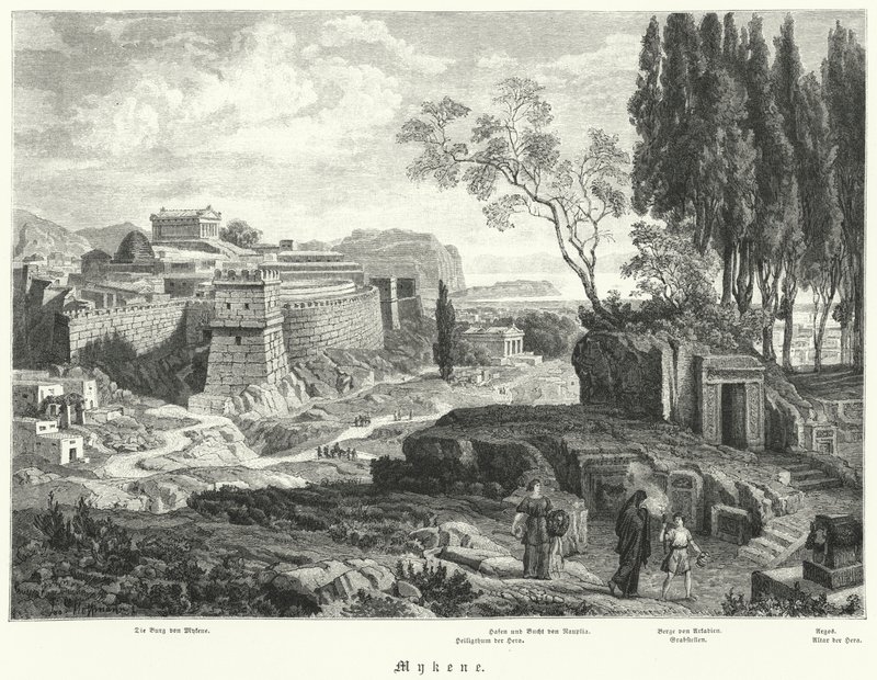 Antikkens by Mykene, Hellas (gravering) av German School