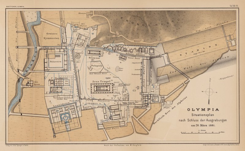 Arkeologisk kart over Olympia (gravering) av German School