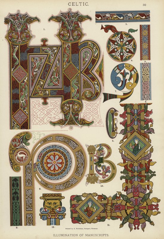 Celtic, belysning av manuskripter (farge litho) av German School