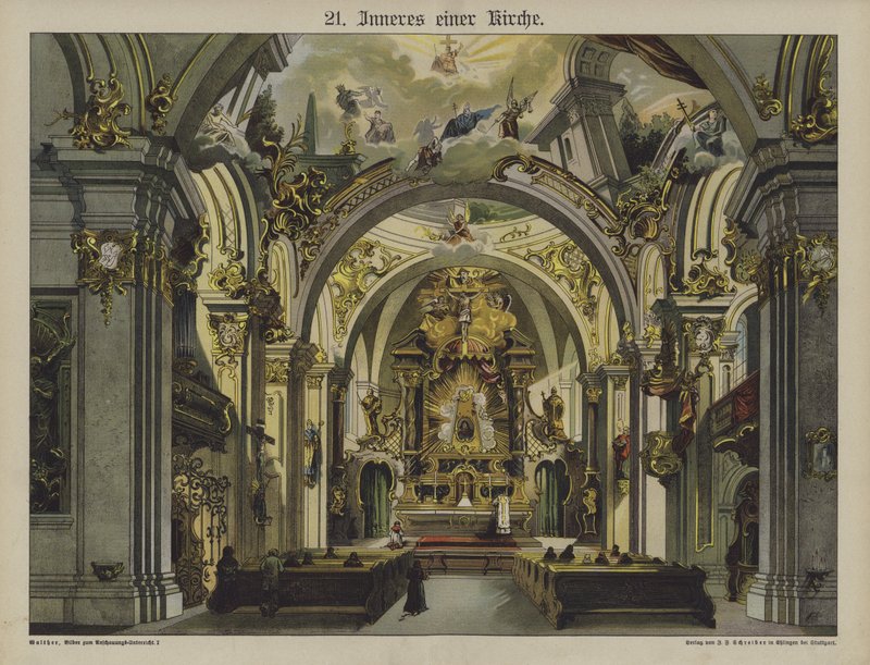 Kirkens interiør (farge litho) av German School