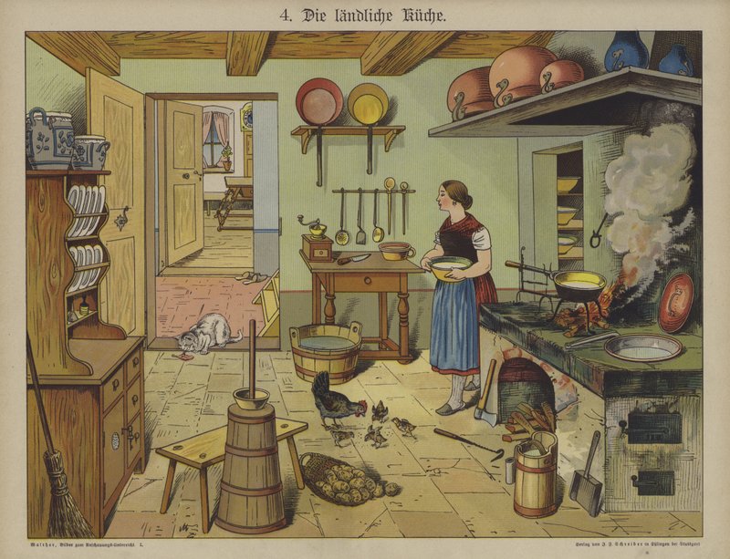 Landlig kjøkken (litho i farger) av German School