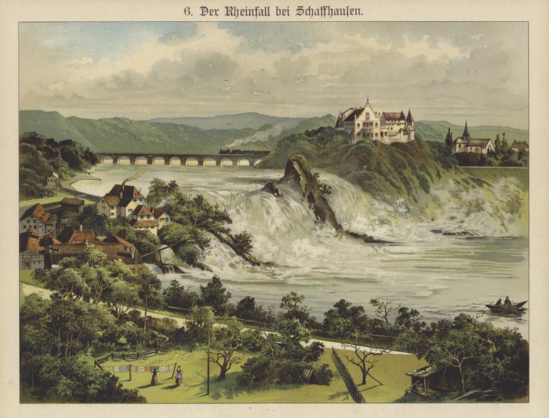 Rhinfallene nær Schaffhausen (farge litho) av German School