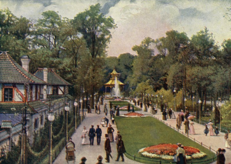 Dreisternpromenade, Berlin zoologiske hage, Tyskland (farge litho) av German School