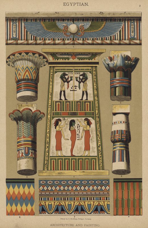 Egyptisk, arkitektur og maleri (litho-farge) av German School