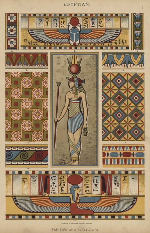 Egyptisk, maleri og plastisk kunst (farge litho) av German School