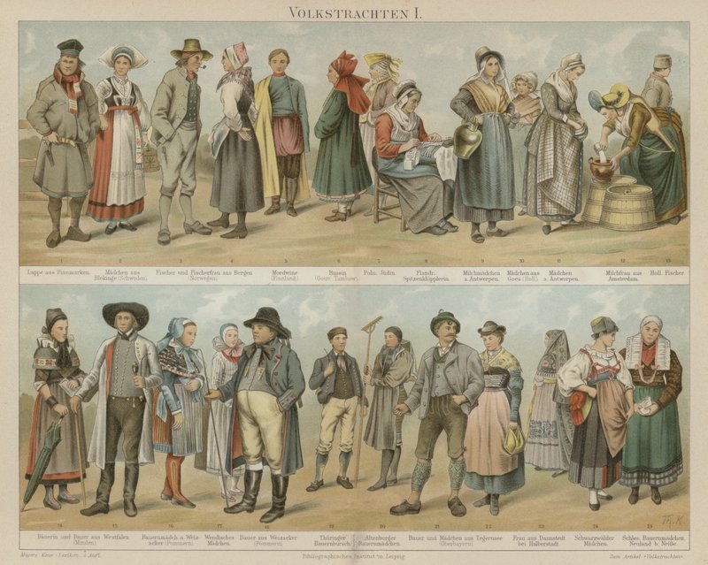 Folkedrakter (farge litho) av German School