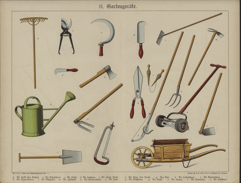 Hageredskaper (farge litho) av German School