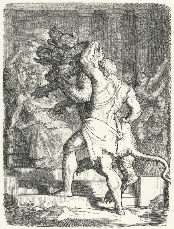 Herakles bringer Cerberus til kong Eurystheus (gravering) av German School