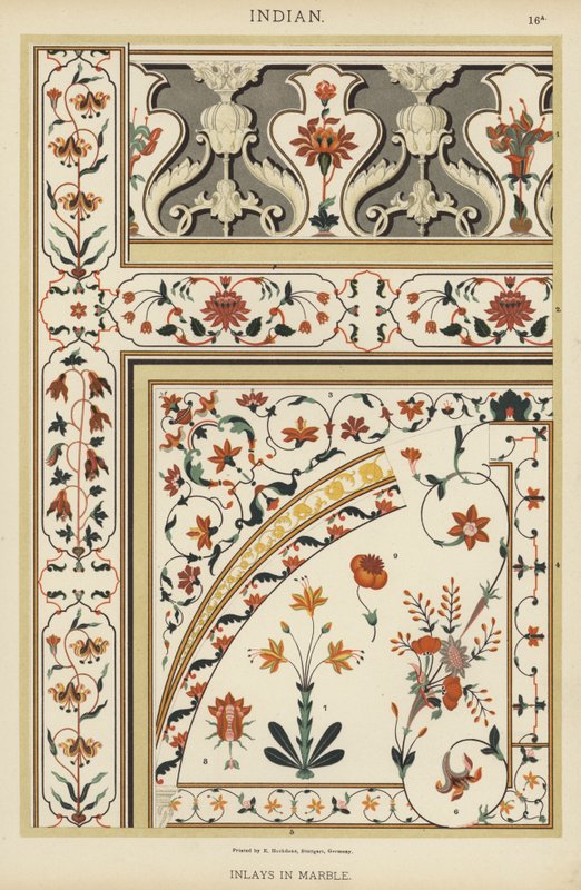 Indisk, innlegg i marmor (farge litho) av German School