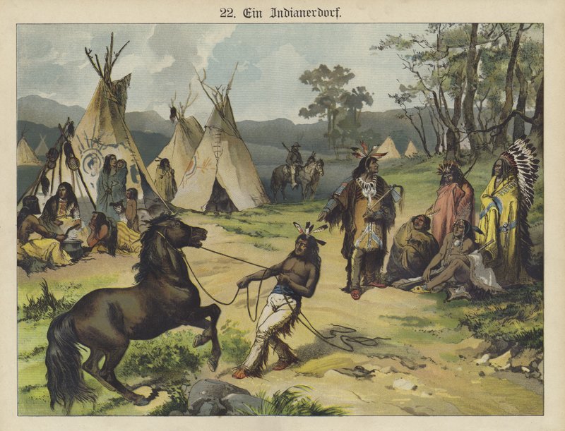 Indisk leir, Amerika (farge litho) av German School