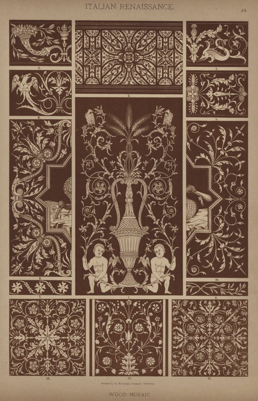 Italiensk renessanse, tre-mosaikk (farge litho) av German School