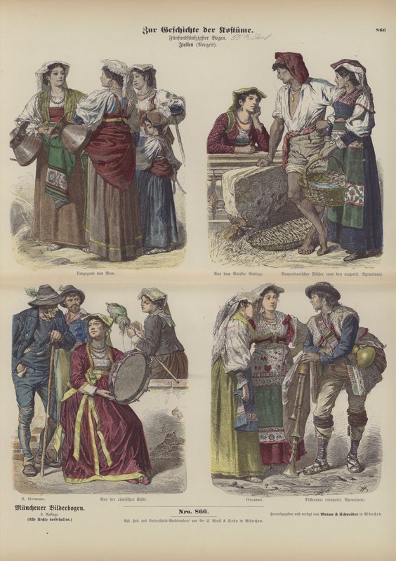 Italienske kostymer, sent på 1800-tallet (farget gravering) av German School