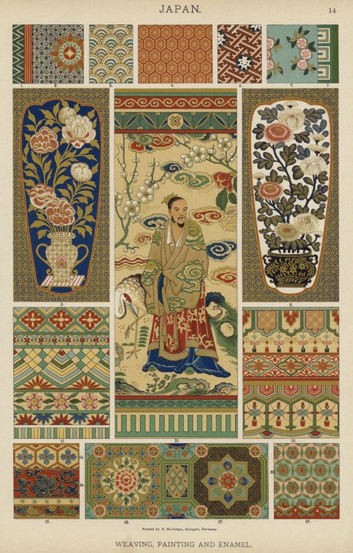 Japan, veving, maling og emalje (farge litho) av German School