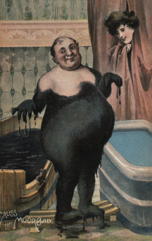 Mann som tar et gjørmebad (farge litho) av German School